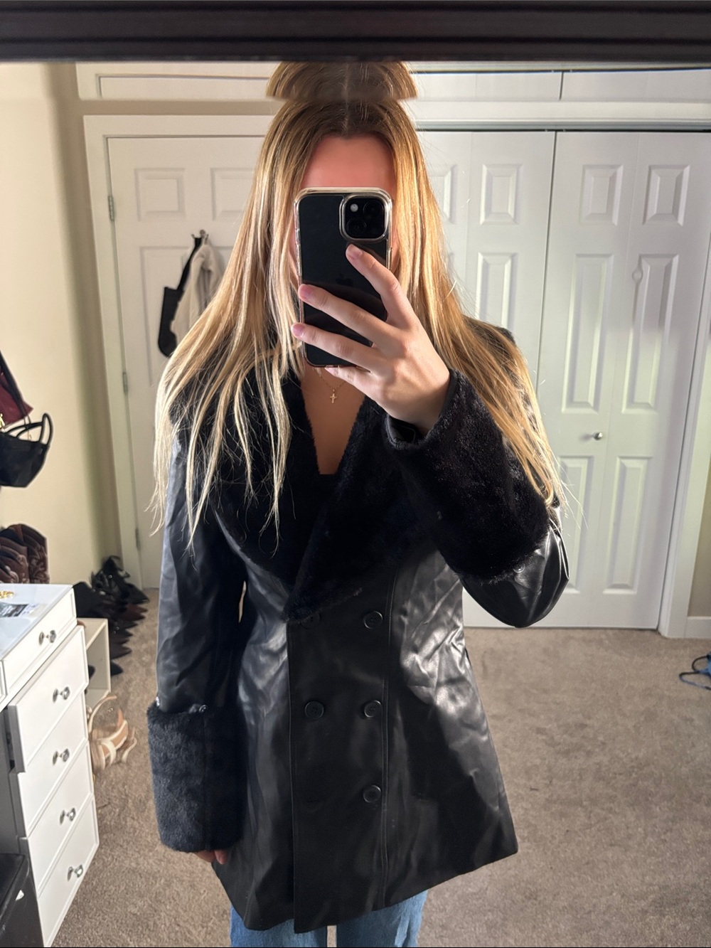 Black Leather coat with Fur Trim
